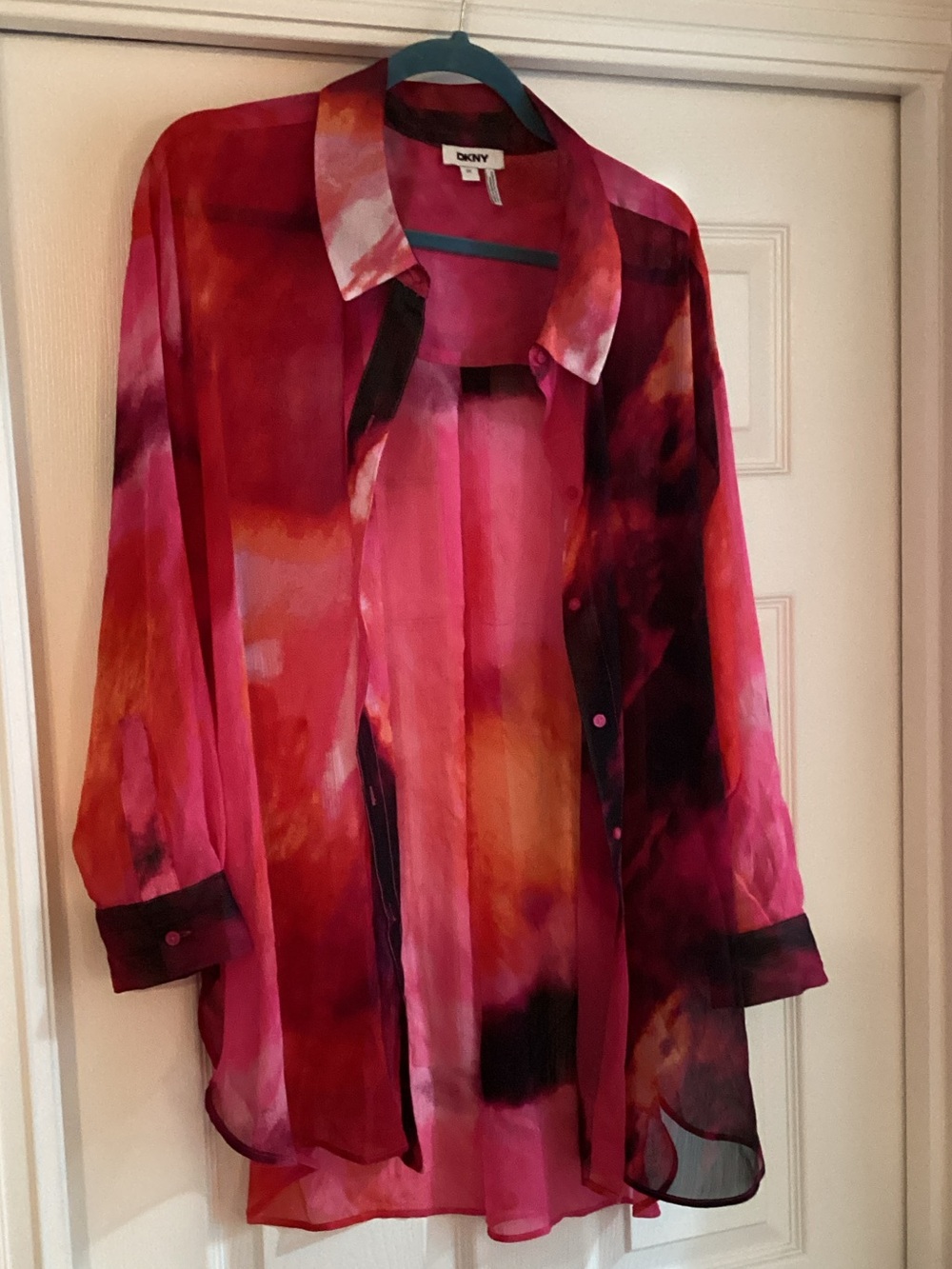 DKNY Pink Multi-Color Sheer Button-Down Tunic/ Duster